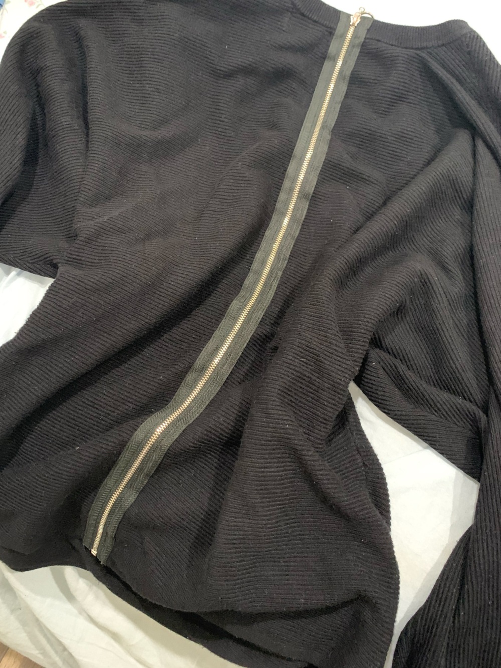 Ribbed Black Zip-Back Sweater with Gold-Tone Zipper
